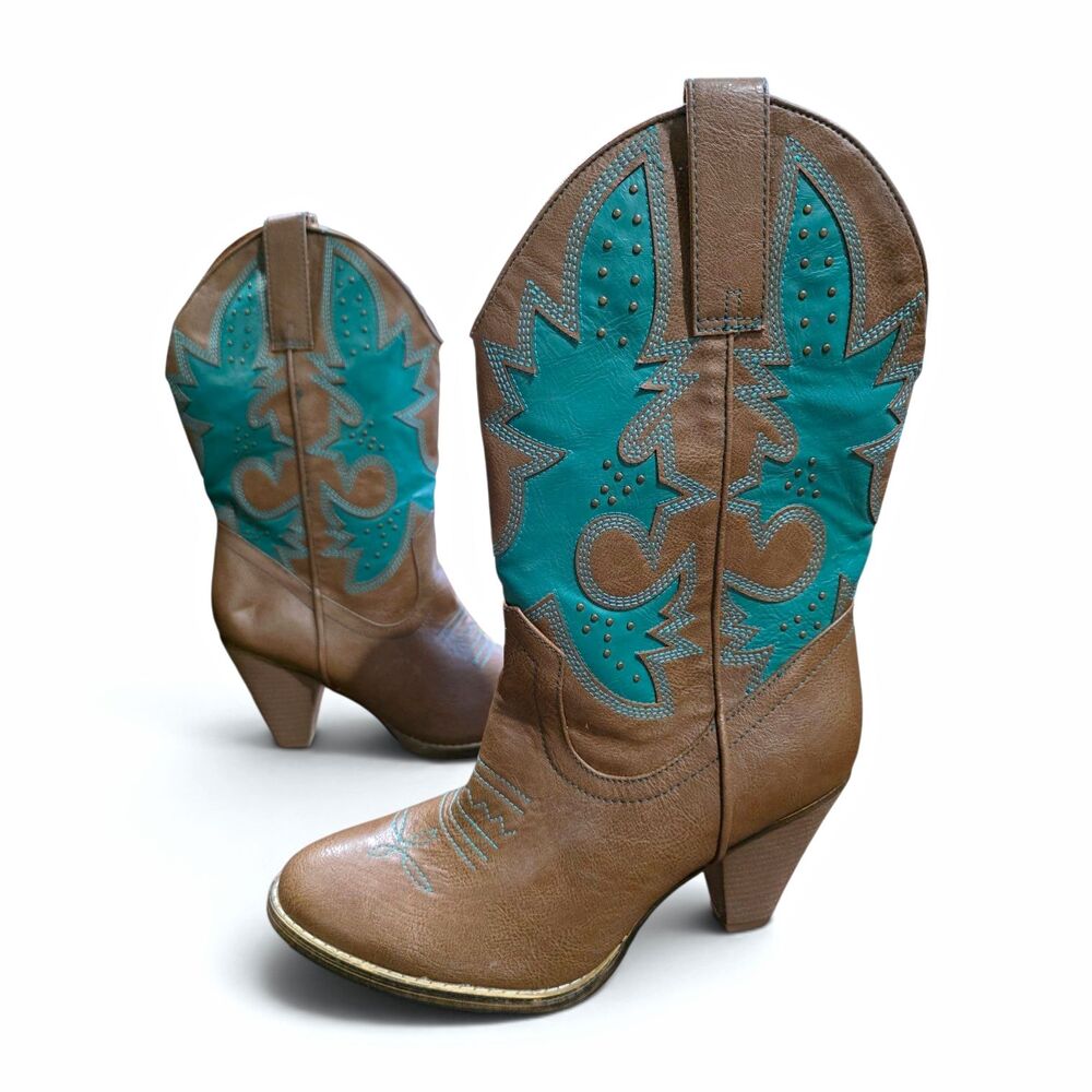 Very Volatile Rio Grande Tan & Teal Western Cowboy Boots Women's Size 11